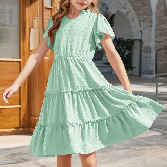 Mqqzkk Girls Girly Dress Flower Dots Ruffle Short Sleeve Twirly Cute Dresses Tiered Smocked Dress 3-14 Years Old Midi Dress