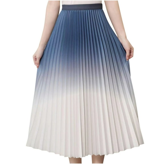 Mqqzkk Gradient Color Long Skirt For Women Trendy Elastic High Waist Pleated Shirts Tiered A Line Beach Long Skirts