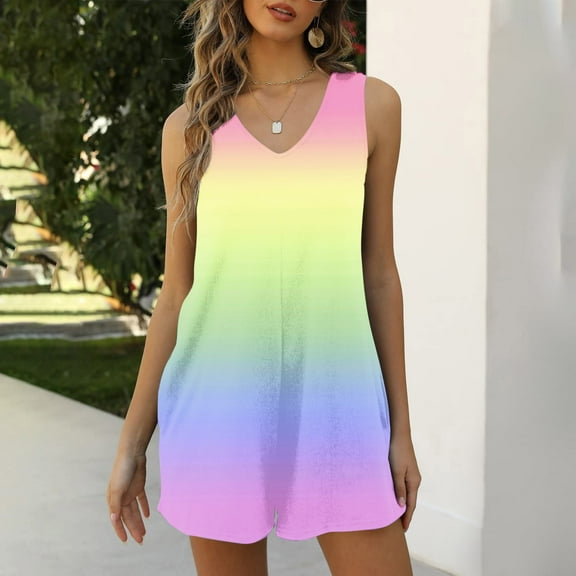 Mqqzkk Gradient Color Rompers for Women Summer Casual Trendy Sleeveless Shorts Jumpsuits Loose Strap Adjustable Romper with Pockets