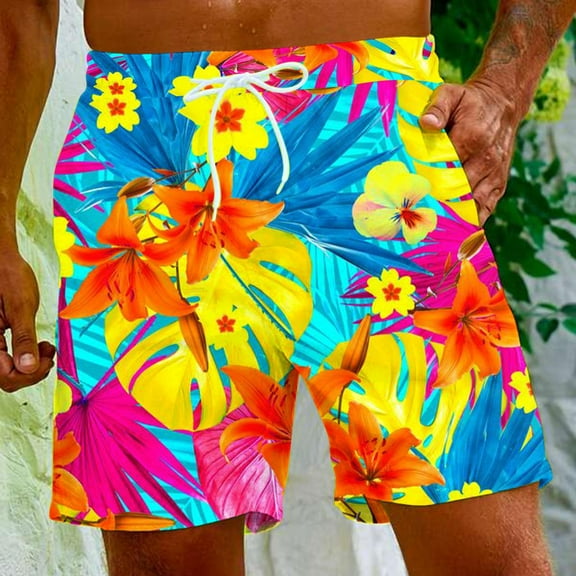 Mqqzkk Hawaiian Beach Shorts For Men Casual Lightweight Drawstring Holiday Cute Patterns Printed Shorts with Pockets