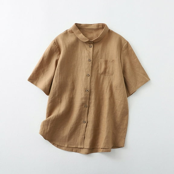 Mqqzkk Linen Cotton Shirt For Womens Short Sleeve Casual Shirts Round Neck Collared Button Up Blouse Top With Pockets