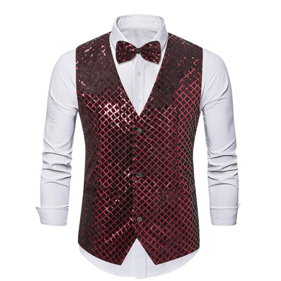Mqqzkk Men Fashion Sequins Waistcoats Button Up V-neck Tanks Party Formal Vests for Wedding Events Dinner Prom