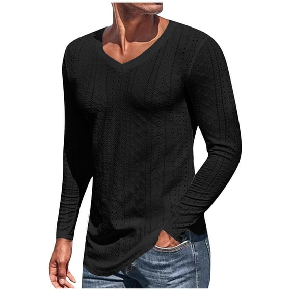 Mqqzkk Men Hollow Out Shirts Casual Slim Fits Pullover Long Sleeve V Neck Top Thin Lightweight Breathable T Shirts