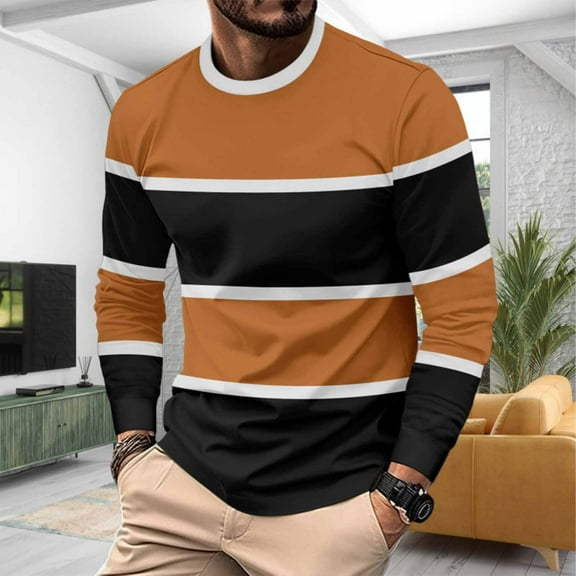Mqqzkk Men Shirts Long Sleeve Crewneck Streetwear Color Block Striped T-Shirts Fashion Relaxed-Fits Pullover