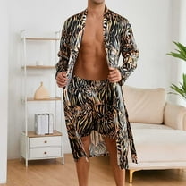 Mqqzkk Men's Bathrobes Long Sleeve Satin Robe with Shorts Sleepwear Set Printed Bathrobes Comfortable Loungewear Sets