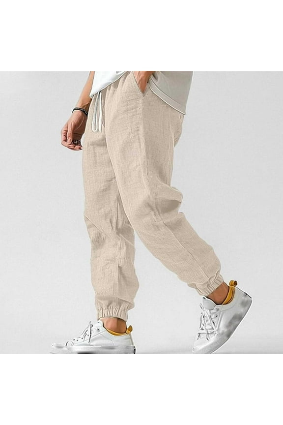 Men's Cotton Linen Joggers High Rise Elastic Waist Drawstring Summer Trouser Lightweight Wide Legs Loose Fits Beach Pants