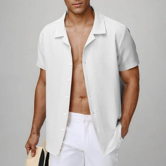 Mqqzkk Men's Cotton Linen Shirts Short Sleeve Casual Lightweight Button Up Shirts Vacation Beach Summer Top with Pocket