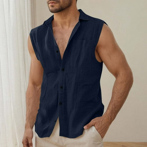 Mqqzkk Men's Cotton Linen Sleeveless Shirts Button -Down Beach Tank Top Classic Laple Collar Solid Color Shirt Vests with Pocket