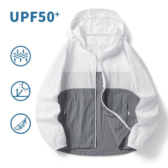 Mqqzkk Men's Light Thin Jackets Color Block UPF 50+ Long Sleeve Zip Up Hoodie Sun Protection Running Lightweight Jacket with Pockets