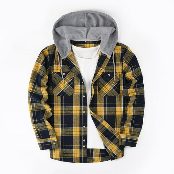 Mqqzkk Men's Plaid Hoodie Shirts Casual Button Up Trendy Shirt Jackets Long Sleeve Fashion Plaid Hooded with Pocket