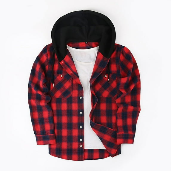 Mqqzkk Men's Plaid Hoodie Shirts Casual Button Up Trendy Shirt Jackets Long Sleeve Fashion Plaid Hooded with Pocket