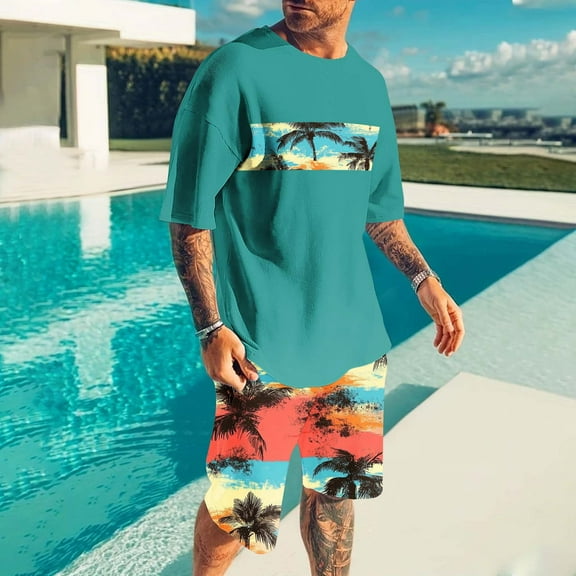 Mqqzkk Men's Short Sleeve Set Summer Hawaiian Shorts Set Tropical Graphic Shirts and Shorts Vacation Outfit