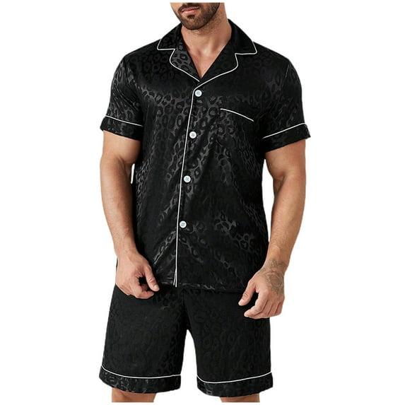 Mqqzkk Men's Silk Satin Print Pajamas Set Short Sleeve Turndown Collar Button Shirt and Shorts Sleepwear With Pockets