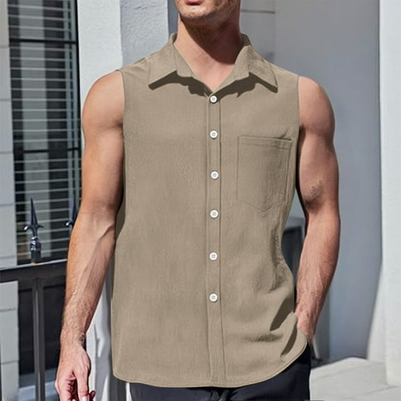Mqqzkk Men's Sleeveless Top Button Up Shirts Summer Casual Textured Laple Collar Shirt Vacation Beach Wedding Shirts with Pocket