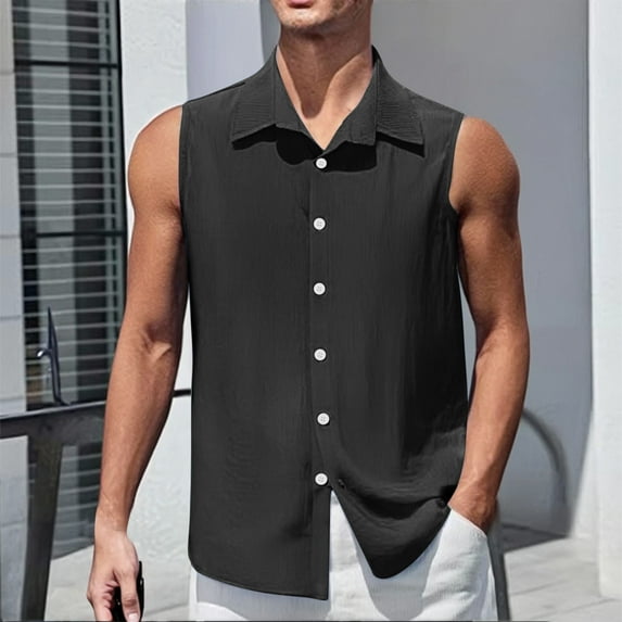 Mqqzkk Men's Sleeveless Top Button Up Shirts Summer Casual Textured Laple Collar Shirt Vacation Beach Wedding Shirts with Pocket