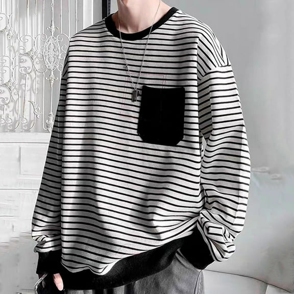 Mqqzkk Men's Striped T- Shirt Casual Loose Fits Long Sleeve Round Neck Pullover Trendy Oversized Daily Work Stripe Streetwear