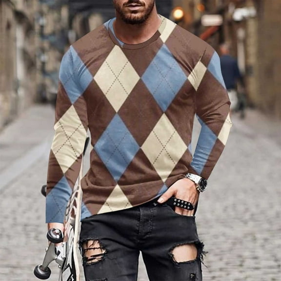 Mqqzkk Men's Tees Long Sleeve Round Neck Geometric Graphic Printed T Shirt Top Classic Fits Casual Pullover