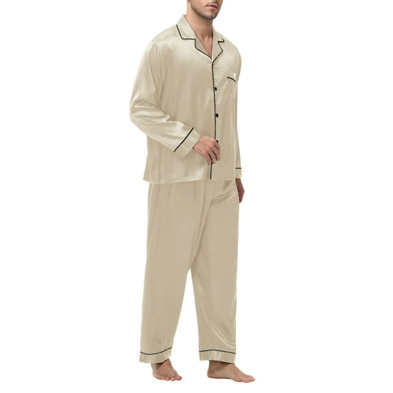 Mqqzkk Mens Pajamas Sets Long Sleeve Laple Collar Sleepwear Button -Down Loungewear Pjs Set Soft Nightwear with Pockets M