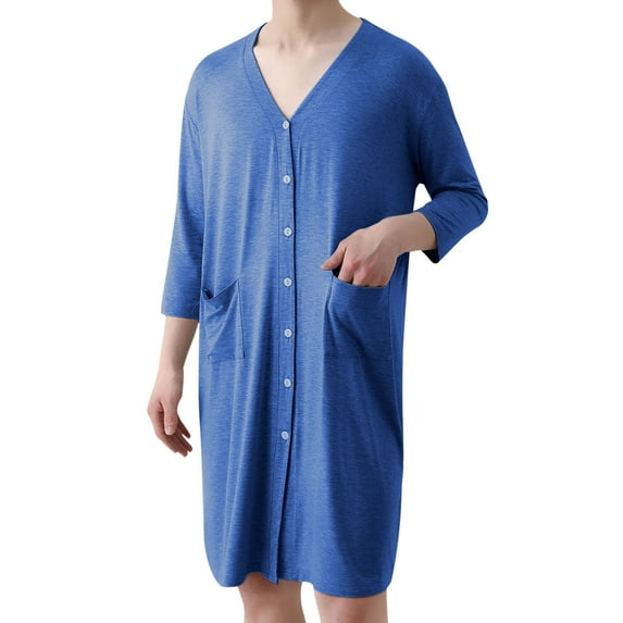 Mqqzkk Mens Robes Lightweight Button Up T Shirts House Robes Short Bathrobes Soft Sleepwear with Pockets