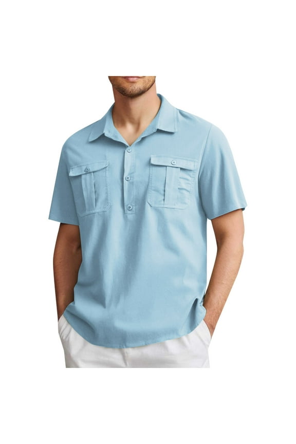 Mens Short Sleeve Shirts Button Casual Regular Fits Lightweight Short Sleeve Laple Collar Tees With Two Flap Pockets