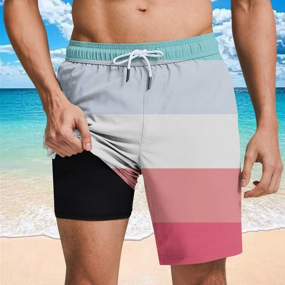 Mqqzkk Mens Stretch Swimming Shorts Compression Liner Swim Trunks Color Block Printed Bathing Suits Beach Wear Swim Suits