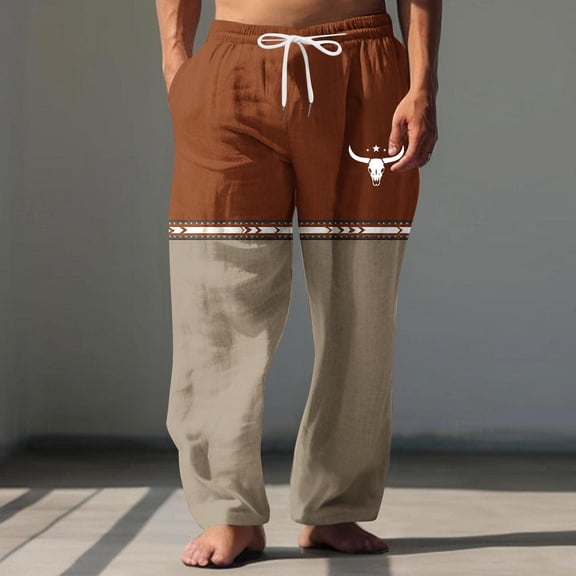 Mqqzkk Mens Summer Casual Pants Color Block Linen Drawstring Pants Elastic Waist Lightweight Pant Hawaii Beach Yoga Trousers