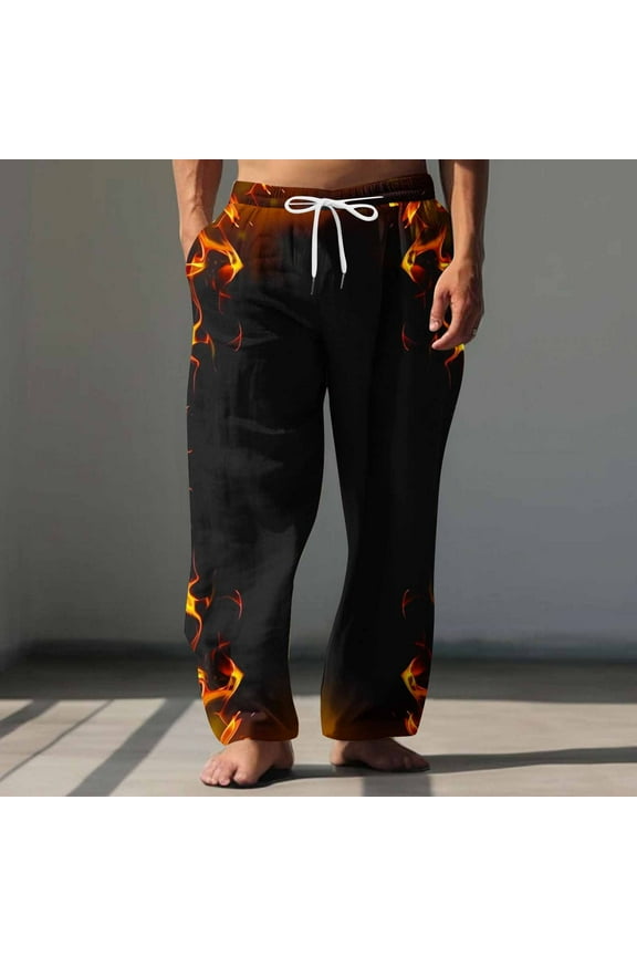 Mens Wide Leg Pants Elastic Waist Drawstring Summer Beach Pants Printed Loose Fits Casual Tapered Trousers