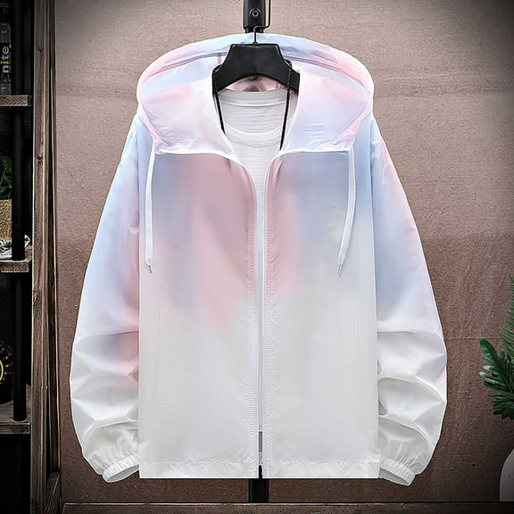 Mqqzkk Oversized Hooded Jackets Gradient Color Block Coats Mens Full Zipper Jacket Lightweight Fishing Hiking Shirts