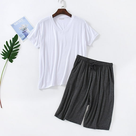 Mqqzkk Pajama Set For Men Summer Pjs Short Sleeve V-Neck Sleepwear Nightwear Elastic Waist Short Lightweight Soft Pjs Sleep Set With Pocket 4X-L