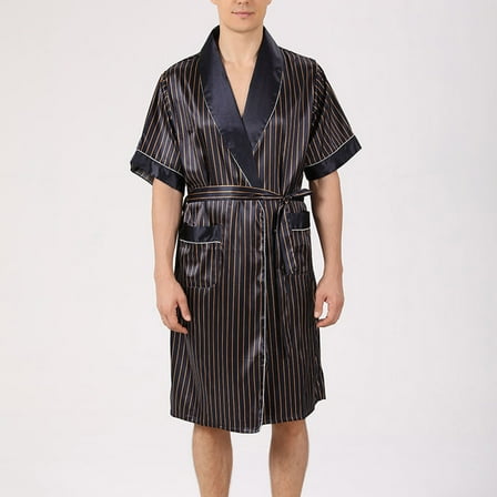 Mqqzkk Robes For Men Lightweight Striped Bathrobe Short Sleeve V Neck Sleepwear Soft Knee Robe with Two Pockets L