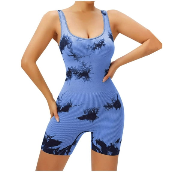 Mqqzkk Seamlesse Workout Jumpsuit for Women Sleeveless Strap Gym Yoga Romper Bodysuit With Padded Sports Bra Blue M