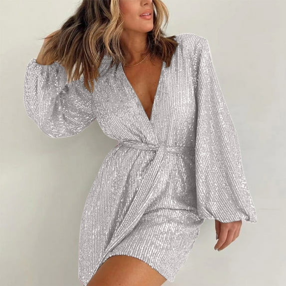Mqqzkk Sequin Jumpsuit For Women Party Clubwear Romper Shiny Wrap V Neck Front Tie Shorts Jumpsuit Long Sleeve Dance Outfits Gray L