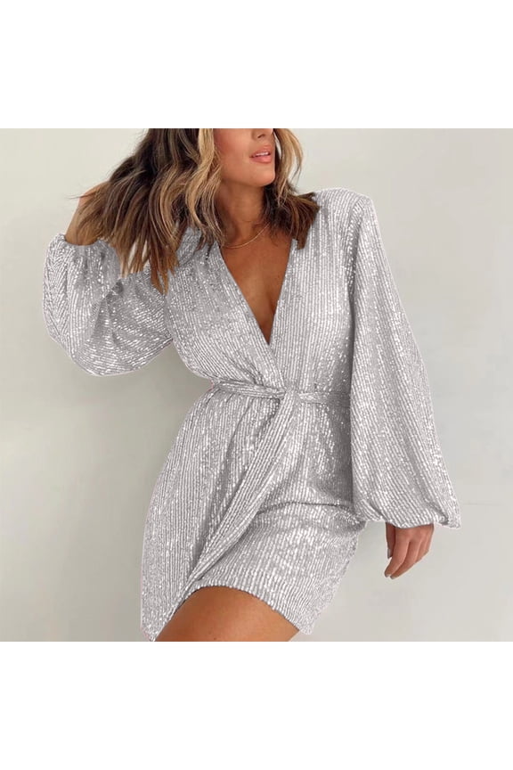 Sequin Jumpsuit For Women Party Clubwear Romper Shiny Wrap V Neck Front Tie Shorts Jumpsuit Long Sleeve Dance Outfits Gray M