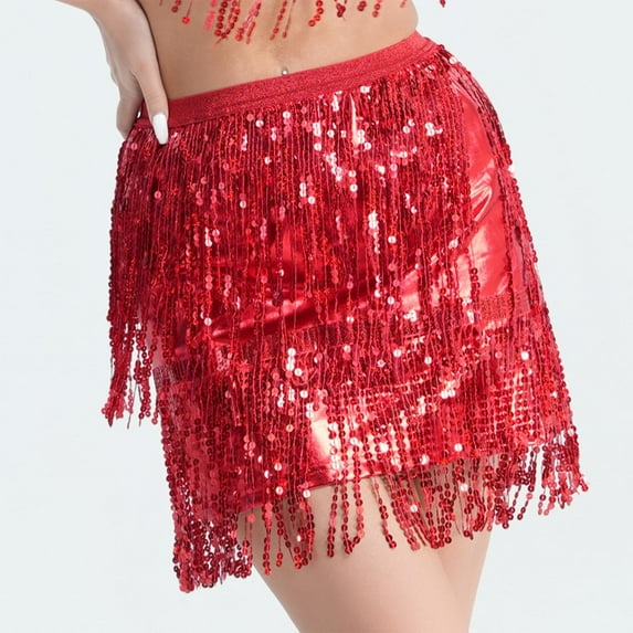 Mqqzkk Sequin Tassel Skirt Belly Dance Hip Scarf Wrap Fringe Skirt Dance Festival Outfit Party Culb Costume for Women