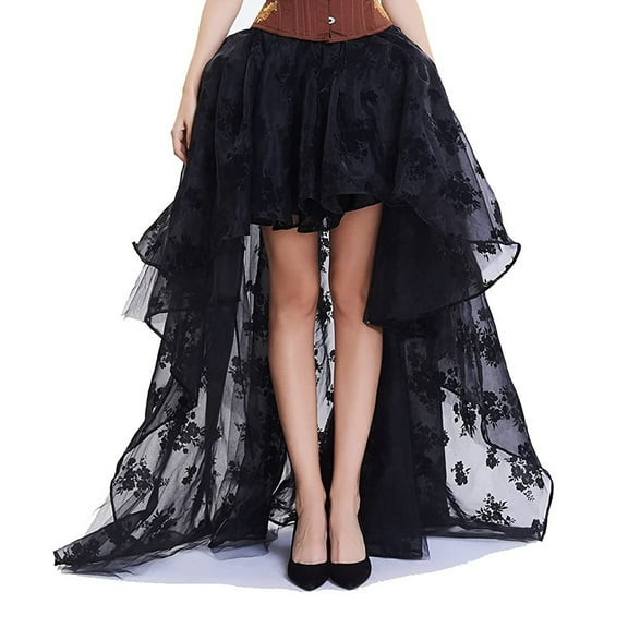 Mqqzkk Skirts for Women Layered High Low Asymmetrical Midi Length Elastic Waist Mesh Mesh Yarn Skirt Floral Printed Skirts