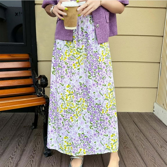 Mqqzkk Skirts for Women Summer Boho Casual Maxi Flowy Elastic High Waist A-Line Tiered Floral Long Skirts