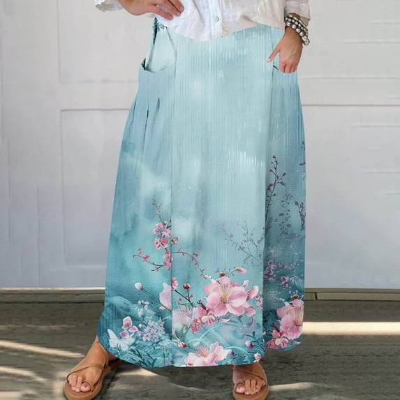 Mqqzkk Skirts for Women Summer Boho Floral Printed Casual Maxi Skirts Flowy Elastic High Waist A-Line Tiered Long Skirts with Pockets
