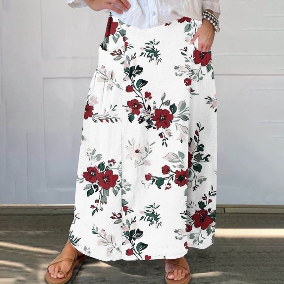 Mqqzkk Skirts for Women Summer Boho Floral Printed Casual Maxi Skirts Flowy Elastic High Waist A-Line Tiered Long Skirts with Pockets