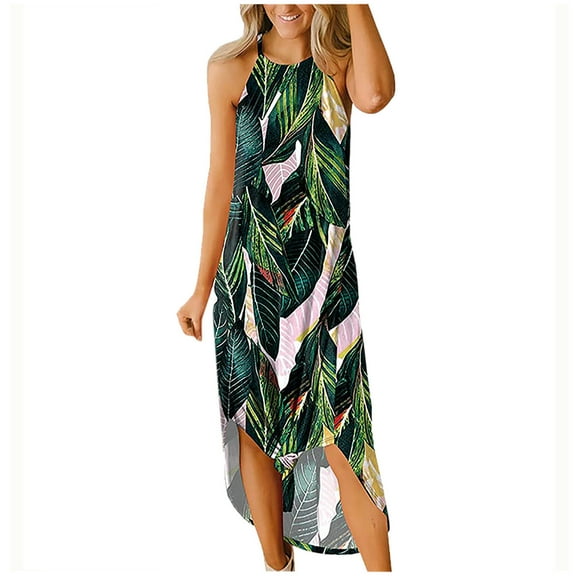 Mqqzkk Summer Dresses For Women 2025 Chiffon Sleeveless Maxi Dress Casual Loose Tie Split Long Tshirt Beach Dresses with Pockets L