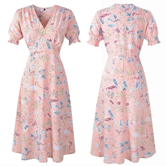 Mqqzkk Summer Dresses For Women Short Sleeve Casual Dresses V Neck Floral Printed Vacation Sundress Wrap Midi Dress with Pockets S