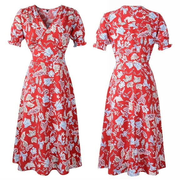 Mqqzkk Summer Dresses For Women Short Sleeve Casual Dresses V Neck Floral Printed Vacation Sundress Wrap Midi Dress with Pockets XXL