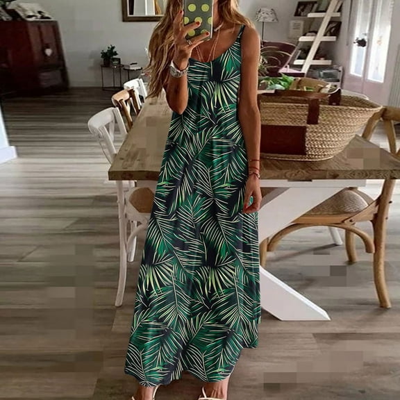 Mqqzkk Summer Maxi Dress For Women 2025 Spaghetti Strap Crew Neck Sundress Casual Floral Printed Beach Long Dress