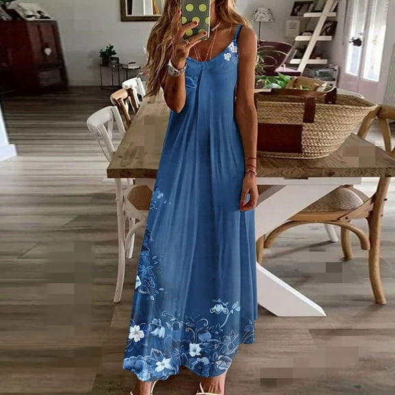 Mqqzkk Summer Maxi Dress For Women 2025 Spaghetti Strap Crew Neck Sundress Casual Floral Printed Beach Long Dress