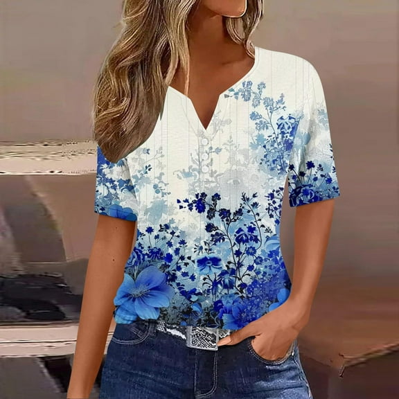 Mqqzkk Summer Top For Women Casual Floral Printed Short Sleeve Button V Neck Top Tunic Waist Relaxed Fits Breathable Shirts