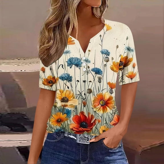 Mqqzkk Summer Top For Women Casual Floral Printed Short Sleeve Button V Neck Top Tunic Waist Relaxed Fits Breathable Shirts