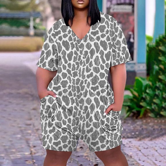 Mqqzkk Trendy Outfits Jumpsuits For Womens Summer Funny Graphic Printed Romper Crew Neck Ruffle Hem Shorts Jumpsuits