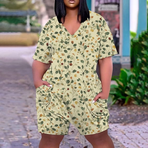 Mqqzkk Trendy Outfits Jumpsuits For Womens Summer Funny Graphic Printed Romper Crew Neck Ruffle Hem Shorts Jumpsuits