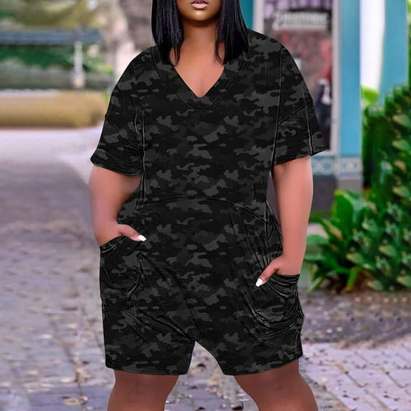 Mqqzkk Trendy Outfits Jumpsuits For Womens Summer Funny Graphic Printed Romper Crew Neck Ruffle Hem Shorts Jumpsuits