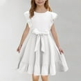 thumbnail image 1 of Mqqzkk Tween Girl Fashion Front Tie Lace Up Dress Ruffle A-line Dresses Solid Color Tiered Smocked Dress 3-14 Years Old, 1 of 8