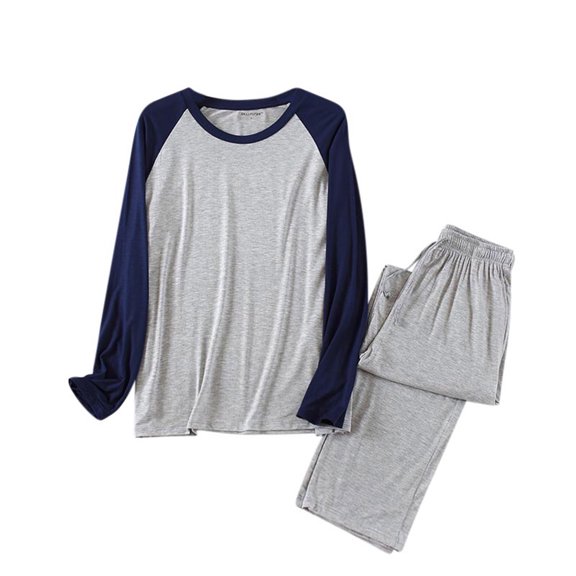 Mqqzkk Two Pajamas Set For Men Patchwork Long Sleeved Crew Neck Pullover Drawstring Pyjama Pants Casual Home Suit Set 3X-L